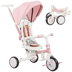 AIYAPLAY 5 in 1 Kids Trike with Adjustable Backrest, Toddler Tricycle with Push Handlebar, Adjustable Backrest, Pink - 1