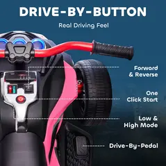 AIYAPLAY 12V Kids Electric Ride On Car with 3 Wheeler, MP3 Player, Horn, 2 Speeds, LED Lights for Boys & Girls Ages 3-8, Pink - 5