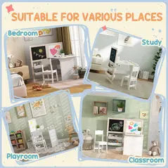 AIYAPLAY 3 in 1 Kids Table and Chair Set with Storage, Whiteboard, Blackboard & Roll Paper for 3-8 Years, White - 8
