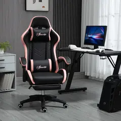 Vinsetto Computer Gaming Chair, PU Leather Office Desk Chair with Footrest, Swivel Wheels, 135° Reclining Back, Lumbar Support, Headrest for Home, Black and Pink - 1