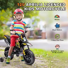 AIYAPLAY 12V Aprilia Licensed Kids Motorbike with Training Wheels, Spring Suspension, LED Headlight, USB, Music, Yellow/black - 4
