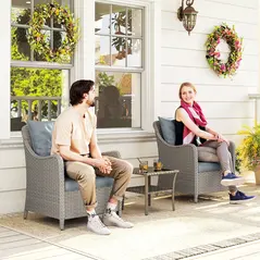 Outsunny Rattan Garden Chairs Set of 2, Outdoor Rattan Chairs with Cushions, Armrests and High Back, PE Wicker Garden Armchair with Steel Frame for Balcony, Porch, Light Grey - 1