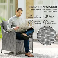 Outsunny Rattan Garden Chairs Set of 2, Outdoor Rattan Chairs with Cushions, Armrests and High Back, PE Wicker Garden Armchair with Steel Frame for Balcony, Porch, Dark Grey - 3