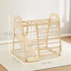 AIYAPLAY 6 in 1 Kids Climbing Frame with Slide, Monkey Bars, Gymnastics Rings, Ladder, Climbing Net, for 3-6 Years, Natural Tone - 3