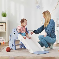 AIYAPLAY 3 in 1 Kids Slide with Climber, Basketball Hoop and Ball, Giraffe Shape Climber Slide for Indoor Kids Age 1-3, Blue - 2