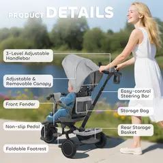 AIYAPLAY 6 in 1 Foldable Kids Trike with Adjustable Parent Handle & Canopy for Ages 1-5, Grey - 9