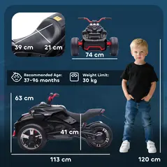 AIYAPLAY 12V Kids Electric Ride On Car with 3 Wheeler, MP3 Player, Horn, 2 Speeds, LED Lights for Boys & Girls Ages 3-8, Black - 3