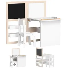 AIYAPLAY 3 in 1 Kids Table and Chair Set with Storage, Whiteboard, Blackboard & Roll Paper for 3-8 Years, White - 1
