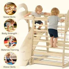 AIYAPLAY 6 in 1 Kids Climbing Frame with Slide, Monkey Bars, Gymnastics Rings, Ladder, Climbing Net, for 3-6 Years, Natural Tone - 5