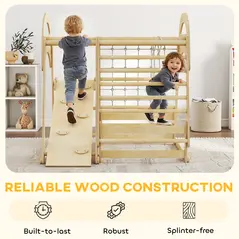 AIYAPLAY 6 in 1 Kids Climbing Frame with Slide, Monkey Bars, Gymnastics Rings, Ladder, Climbing Net, for 3-6 Years, Natural Tone - 6