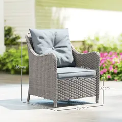 Outsunny Rattan Garden Chairs Set of 2, Outdoor Rattan Chairs with Cushions, Armrests and High Back, PE Wicker Garden Armchair with Steel Frame for Balcony, Porch, Light Grey - 2