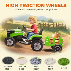 AIYAPLAY 12V Ride on Tractor and Trailer with Remote Control, Music, Shifter, Start-Up Sound, for Kids Ages 3-8 Years, Green - 9