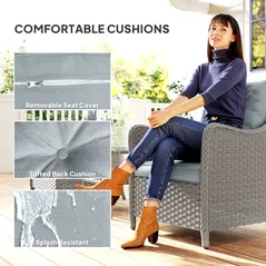 Outsunny Rattan Garden Chairs Set of 2, Outdoor Rattan Chairs with Cushions, Armrests and High Back, PE Wicker Garden Armchair with Steel Frame for Balcony, Porch, Light Grey - 4