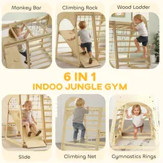 AIYAPLAY 6 in 1 Kids Climbing Frame with Slide, Monkey Bars, Gymnastics Rings, Ladder, Climbing Net, for 3-6 Years, Natural Tone - 4