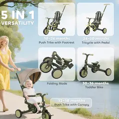 AIYAPLAY 5 in 1 Kids Trike with Adjustable Backrest, Toddler Tricycle with Push Handlebar, Adjustable Backrest, Dark Green - 4