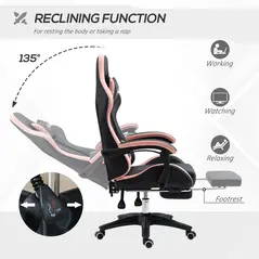 Vinsetto Computer Gaming Chair, PU Leather Office Desk Chair with Footrest, Swivel Wheels, 135° Reclining Back, Lumbar Support, Headrest for Home, Black and Pink - 4