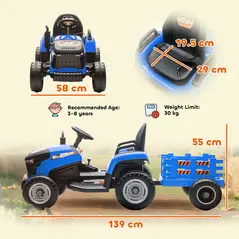 AIYAPLAY 12V Ride on Tractor and Trailer with Remote Control, Music, Shifter, Start-Up Sound, for Kids Ages 3-8 Years, Blue - 3