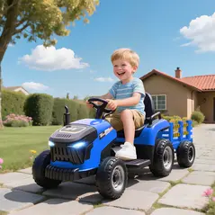 AIYAPLAY 12V Ride on Tractor and Trailer with Remote Control, Music, Shifter, Start-Up Sound, for Kids Ages 3-8 Years, Blue - 2