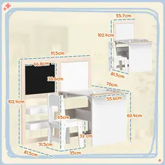 AIYAPLAY 3 in 1 Kids Table and Chair Set with Storage, Whiteboard, Blackboard & Roll Paper for 3-8 Years, White - 3
