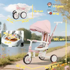 AIYAPLAY 5 in 1 Kids Trike with Adjustable Backrest, Toddler Tricycle with Push Handlebar, Adjustable Backrest, Pink - 3