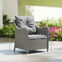 Outsunny Rattan Garden Chairs Set of 2, Outdoor Rattan Chairs with Cushions, Armrests and High Back, PE Wicker Garden Armchair with Steel Frame for Balcony, Porch, Dark Grey - 2