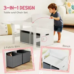 AIYAPLAY 3 in 1 Kids Storage Bench, Convertible Children Table and Chair Set with 2 Fabric Bins, Toy Storage Box, White - 4