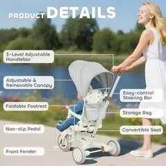 AIYAPLAY 5 in 1 Kids Trike with Adjustable Backrest, Toddler Tricycle with Push Handlebar, Adjustable Backrest, Cream White - 9