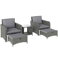 Outsunny Five Piece Rattan Garden Furniture Set with 2-Tier Coffee Table and Ottomans - Grey - 1