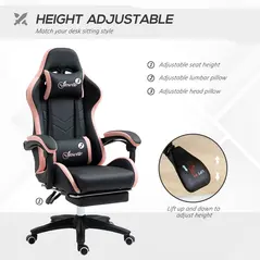Vinsetto Computer Gaming Chair, PU Leather Office Desk Chair with Footrest, Swivel Wheels, 135° Reclining Back, Lumbar Support, Headrest for Home, Black and Pink - 3