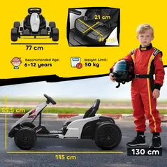 AIYAPLAY 24V Electric Go Kart, Drift Kart with Adjustable Seat, Slow Start, 5-Point Harness, Music, Horn, for 6-12 Years, White - 3