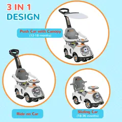 AIYAPLAY 3 in 1 Ride on Push Car, Cartoon Robot Theme Foot to Floor Slider w/ Handle Light Music Horn, Storage - White - 4