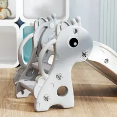 AIYAPLAY 3 in 1 Kids Slide with Climber, Basketball Hoop and Ball, Giraffe Shape Climber Slide for Indoor Kids Age 1-3, Grey - 8