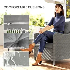 Outsunny Rattan Garden Chairs Set of 2, Outdoor Rattan Chairs with Cushions, Armrests and High Back, PE Wicker Garden Armchair with Steel Frame for Balcony, Porch, Dark Grey - 4