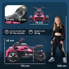 AIYAPLAY 12V Kids Electric Ride On Car with 3 Wheeler, MP3 Player, Horn, 2 Speeds, LED Lights for Boys & Girls Ages 3-8, Pink - 3
