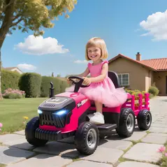 AIYAPLAY 12V Ride on Tractor and Trailer with Remote Control, Music, Shifter, Start-Up Sound, for Kids Ages 3-8 Years, Pink - 2