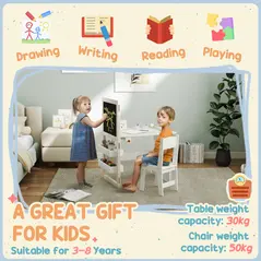 AIYAPLAY 3 in 1 Kids Table and Chair Set with Storage, Whiteboard, Blackboard & Roll Paper for 3-8 Years, White - 9