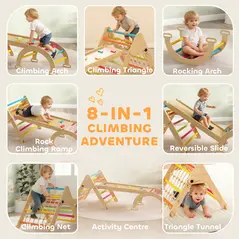 AIYAPLAY 8-in-1 Toddler Climbing Frame, Indoor Play Triangle Set with Slide, Arch and Triangle Ladder, Multicolour - 4