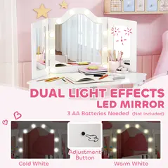 AIYAPLAY Kids Dressing Table and Stool Set, Girls Vanity Table with 2-Colour LED Lights, Tri-Folding Mirror, White - 5