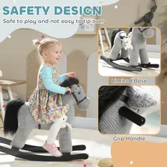 AIYAPLAY Baby Rocking Horse, Plush Ride on Toy with Handle Grip, Sound and Doll, Toddler Animal Rocker for Kids Aged 2-5, Grey - 5