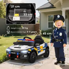 AIYAPLAY Kids Electric Ride on Police Car with Remote Control, Music, Horn, Siren Flashing Lights for 3-5 Years Old, Multicolour - 3