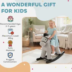 AIYAPLAY Baby Rocking Horse, Plush Ride on Toy with Handle Grip, Sound and Doll, Toddler Animal Rocker for Kids Aged 2-5, Grey - 9