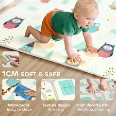 AIYAPLAY Foldable Baby Plat Mat Double Sided, Kids Floor Mat for Crawling, 200L x 150W cm, Car track and Owl Theme - 5