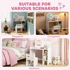 AIYAPLAY Kids Dressing Table with Mirror, Stool, Kids Vanity Table with Shelves, for Ages 3-8 Years, White - 9
