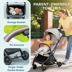 AIYAPLAY Foldable Baby Stroller with Adjustable Seat, 5-Point Harness, Canopy, Basket, 6.3kg Lightweight & Compact, Light Grey - 6