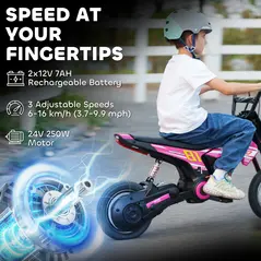 AIYAPLAY Kids Electric Motorbike, 24V Ride On Motorcycle with 3 Speeds and Rear Suspension, Dirt Bike for 8-12 Years Old, Pink - 4
