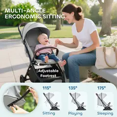 AIYAPLAY Foldable Baby Stroller with Adjustable Seat, 5-Point Harness, Canopy, Basket, 6.3kg Lightweight & Compact, Light Grey - 4