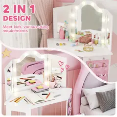 AIYAPLAY Kids Dressing Table and Stool Set, Girls Vanity Table with 2-Colour LED Lights, Tri-Folding Mirror, White - 4