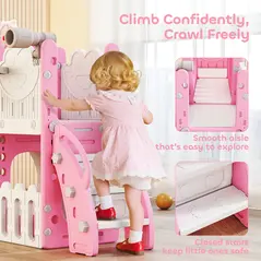 AIYAPLAY 7 in 1 Toddler Slide Set with Basketball Hoop, Climbing Frame, Telescope, Drawing Board, Storage Box, Pink - 7