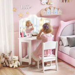 AIYAPLAY Kids Dressing Table and Stool Set, Girls Vanity Table with 2-Colour LED Lights, Tri-Folding Mirror, White - 2