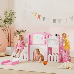 AIYAPLAY 7 in 1 Toddler Slide Set with Basketball Hoop, Climbing Frame, Telescope, Drawing Board, Storage Box, Pink - 2